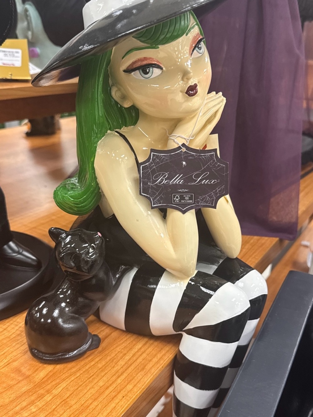 Bella Luxx Green-Haired Witch Figurine with Black & White Stripes